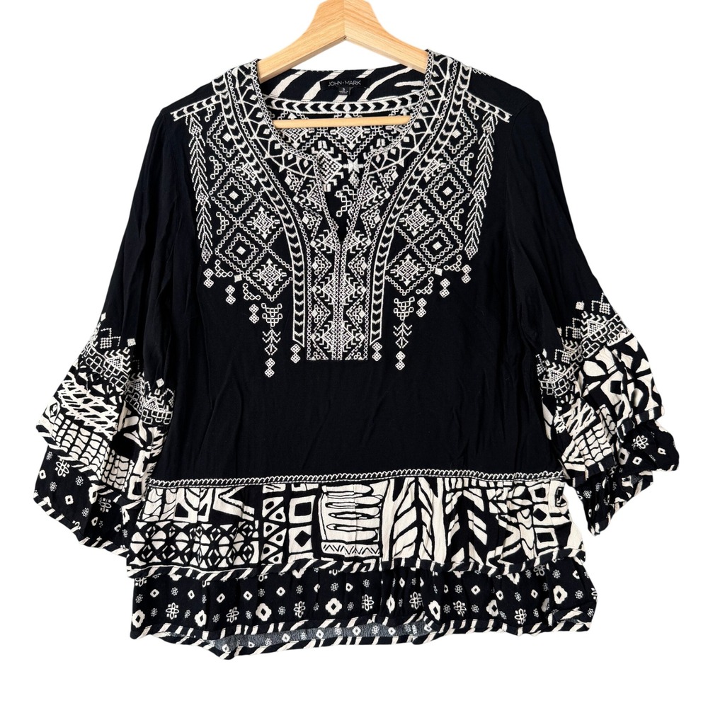 John Mark Black White Embroidered Boho Peplum Blouse 3/4 Bell Sleeve Small